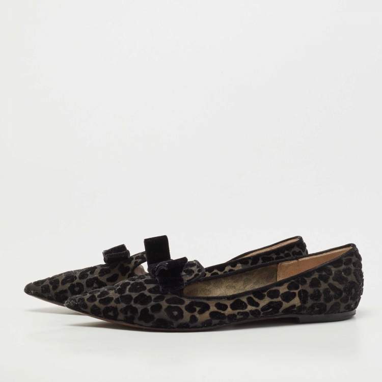 Pre Owned Jimmy Choo Black Mesh and Velvet Leopard Gala Flats Size 39.5