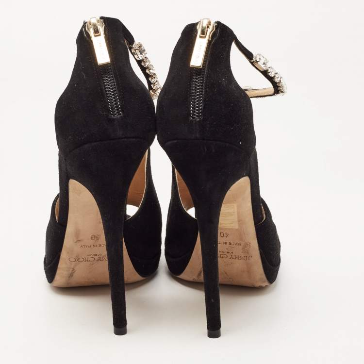 Pre Owned Jimmy Choo Black Suede Crystal Embellished Ankle Strap  Sandals Size 40