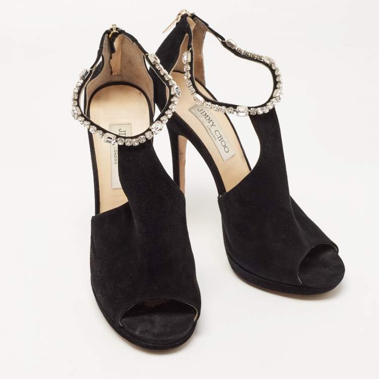 Pre Owned Jimmy Choo Black Suede Crystal Embellished Ankle Strap  Sandals Size 40