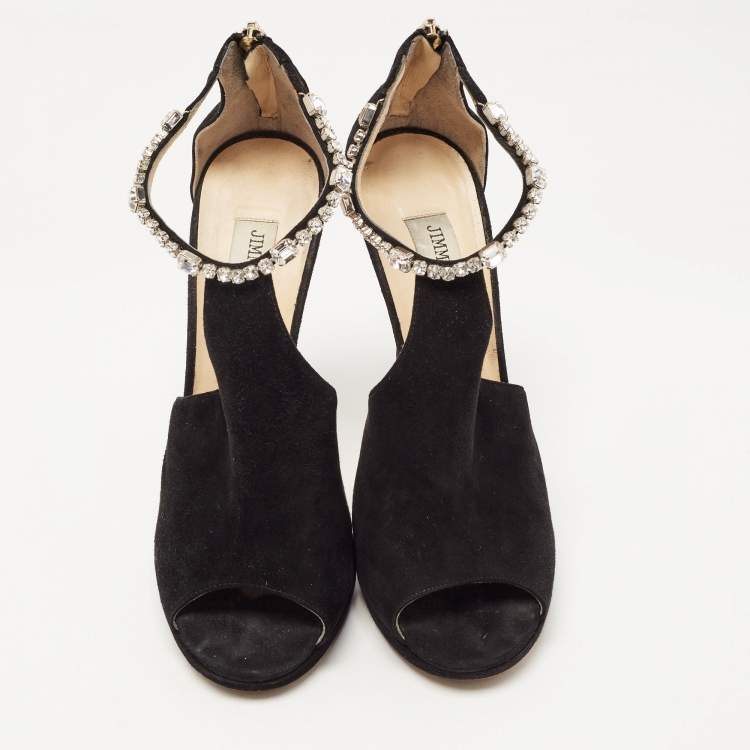 Pre Owned Jimmy Choo Black Suede Crystal Embellished Ankle Strap  Sandals Size 40