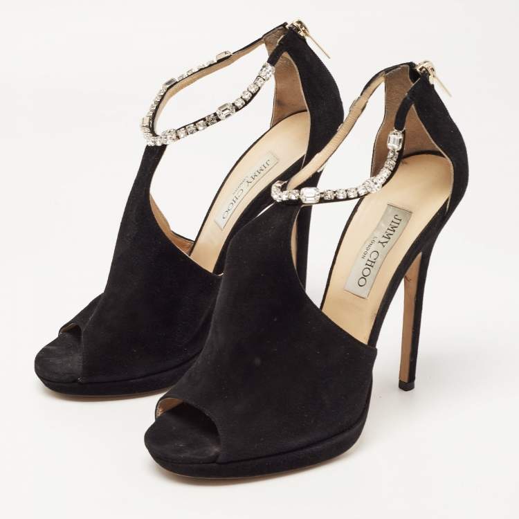 Pre Owned Jimmy Choo Black Suede Crystal Embellished Ankle Strap  Sandals Size 40