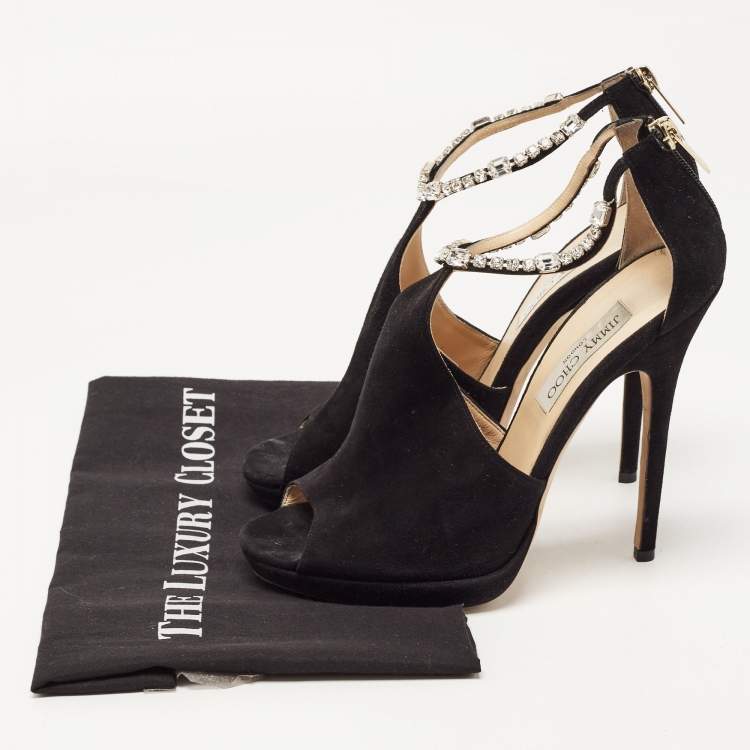 Pre Owned Jimmy Choo Black Suede Crystal Embellished Ankle Strap  Sandals Size 40
