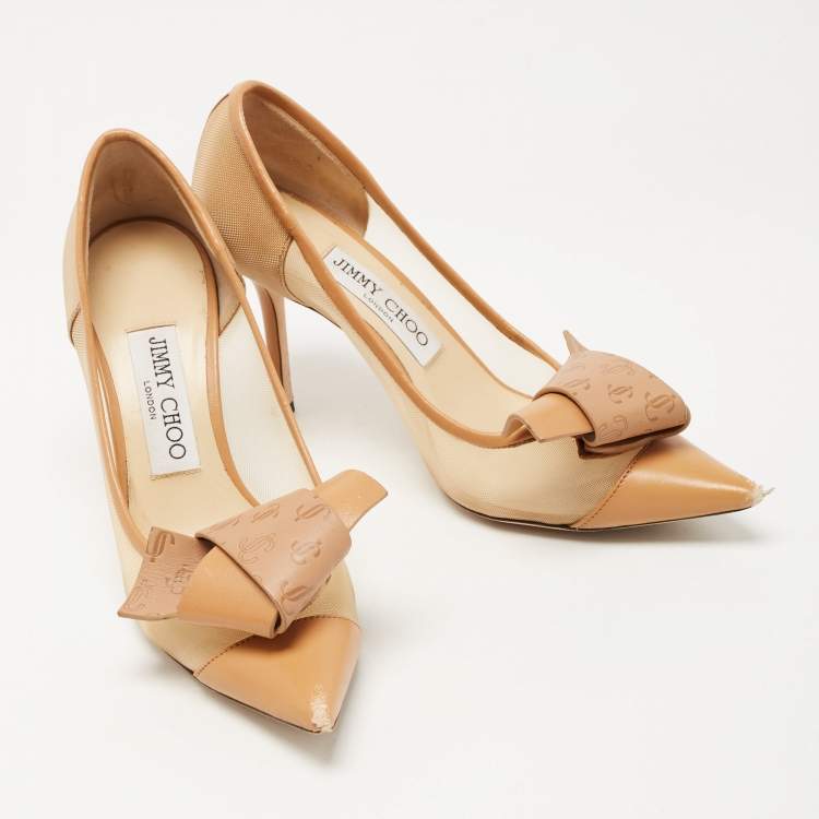 Pre Owned Jimmy Choo Beige Mesh and Leather JC Logo Bow Lani Pumps Size 36
