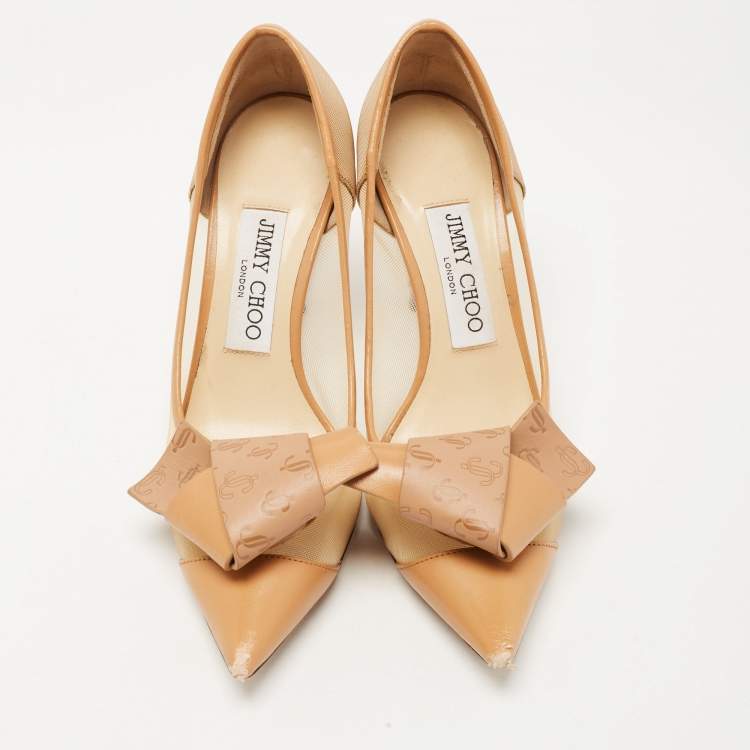 Pre Owned Jimmy Choo Beige Mesh and Leather JC Logo Bow Lani Pumps Size 36