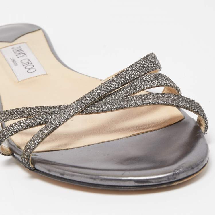 Pre Owned Jimmy Choo Metallic Grey Lurex Fabric Strappy Flat Slides Size 39