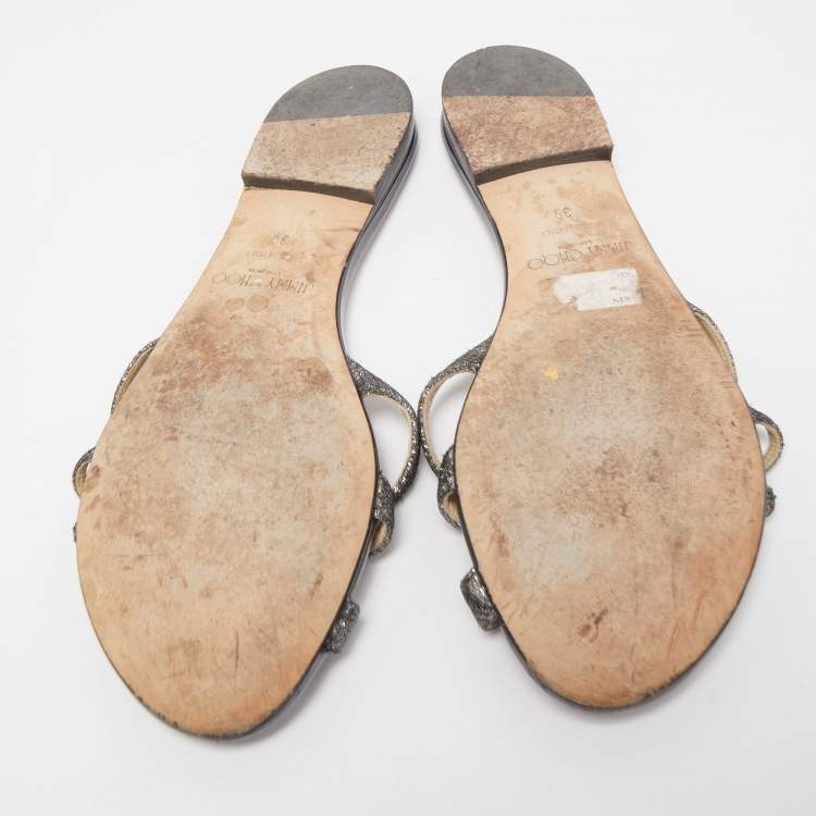 Pre Owned Jimmy Choo Metallic Grey Lurex Fabric Strappy Flat Slides Size 39