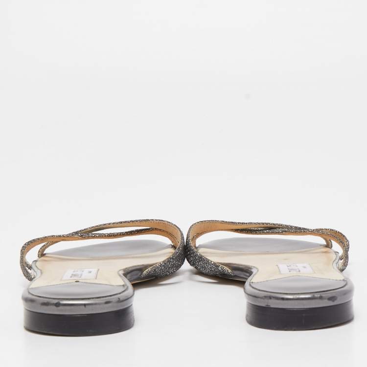 Pre Owned Jimmy Choo Metallic Grey Lurex Fabric Strappy Flat Slides Size 39