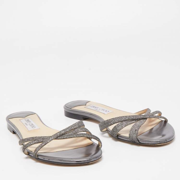 Pre Owned Jimmy Choo Metallic Grey Lurex Fabric Strappy Flat Slides Size 39