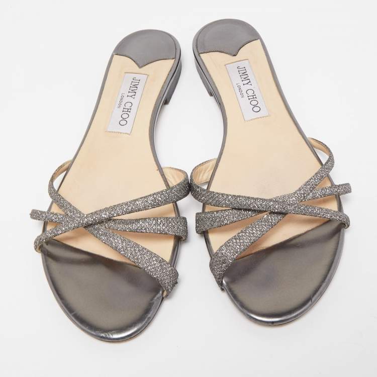 Pre Owned Jimmy Choo Metallic Grey Lurex Fabric Strappy Flat Slides Size 39