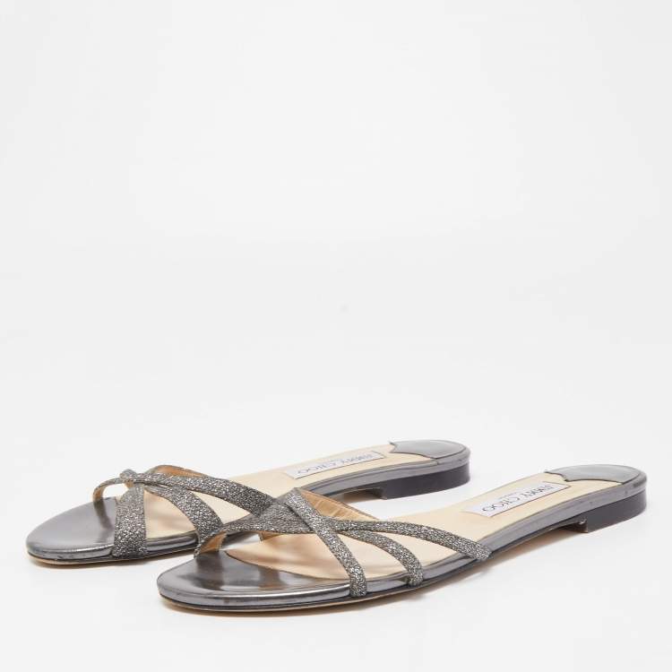 Pre Owned Jimmy Choo Metallic Grey Lurex Fabric Strappy Flat Slides Size 39