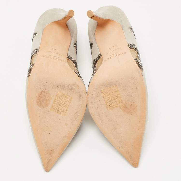 Pre Owned Jimmy Choo Grey Suede  and Mesh  Crystal Embellished Karmel Pumps Size 34.5 