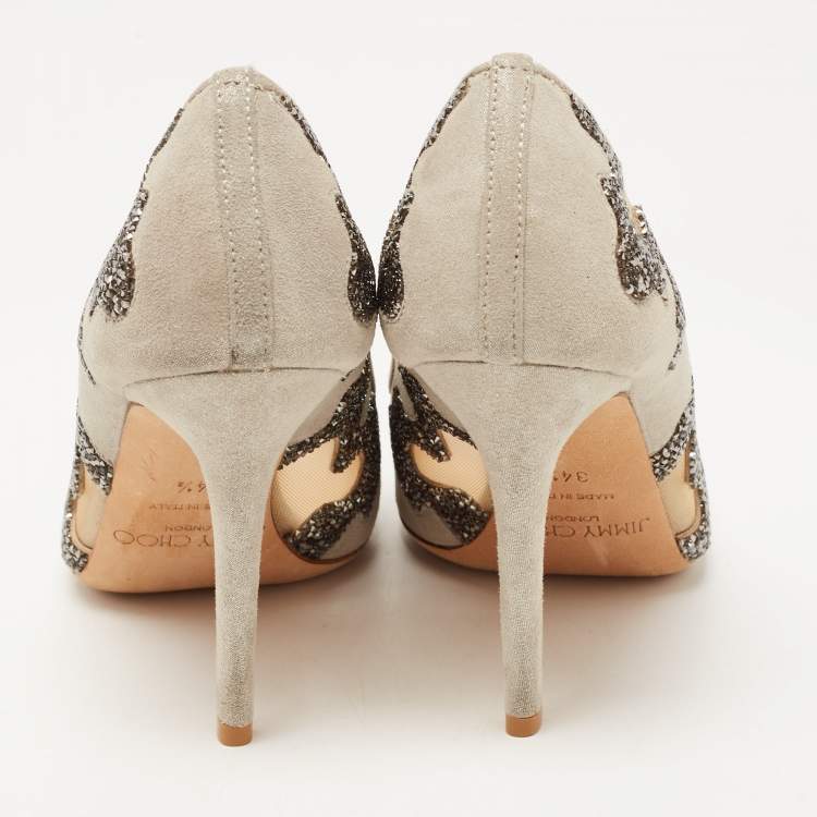 Pre Owned Jimmy Choo Grey Suede  and Mesh  Crystal Embellished Karmel Pumps Size 34.5 