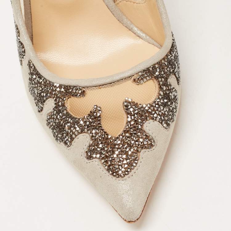 Pre Owned Jimmy Choo Grey Suede  and Mesh  Crystal Embellished Karmel Pumps Size 34.5 