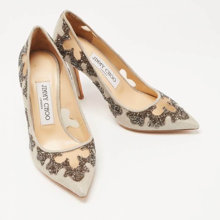 Pre Owned Jimmy Choo Grey Suede  and Mesh  Crystal Embellished Karmel Pumps Size 34.5 