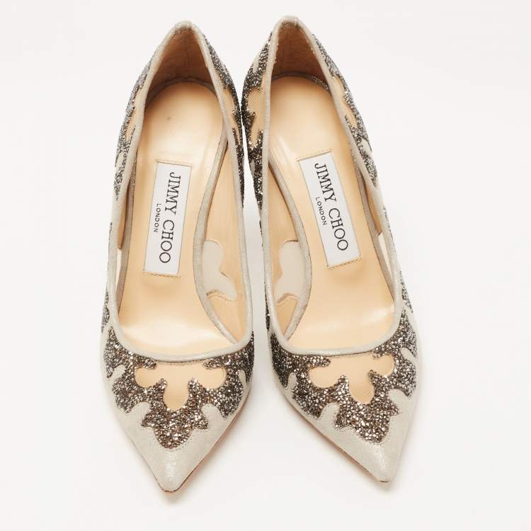 Pre Owned Jimmy Choo Grey Suede  and Mesh  Crystal Embellished Karmel Pumps Size 34.5 