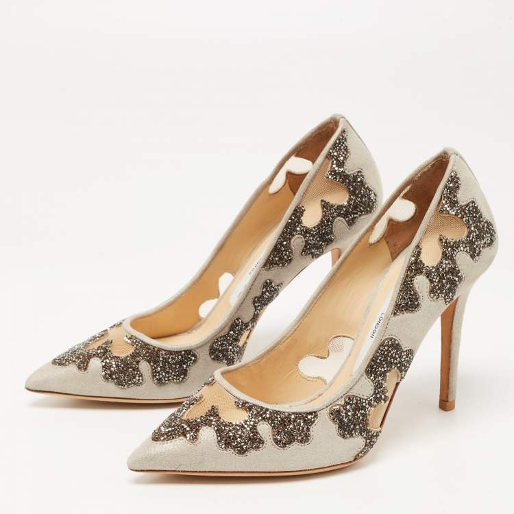 Pre Owned Jimmy Choo Grey Suede  and Mesh  Crystal Embellished Karmel Pumps Size 34.5 