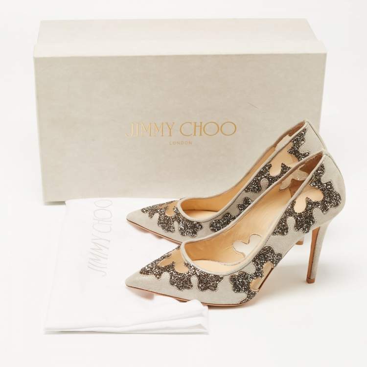Pre Owned Jimmy Choo Grey Suede  and Mesh  Crystal Embellished Karmel Pumps Size 34.5 