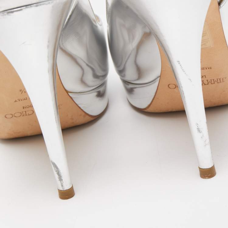 Pre Owned Jimmy Choo Silver Leather Nova Slingback Pumps Size 38.5
