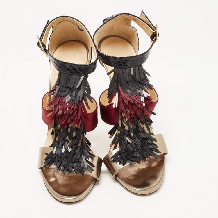 Pre Owned Jimmy Choo Tricolor Python, Satin and Leather Fedora Fringe Sandals Size 38.5