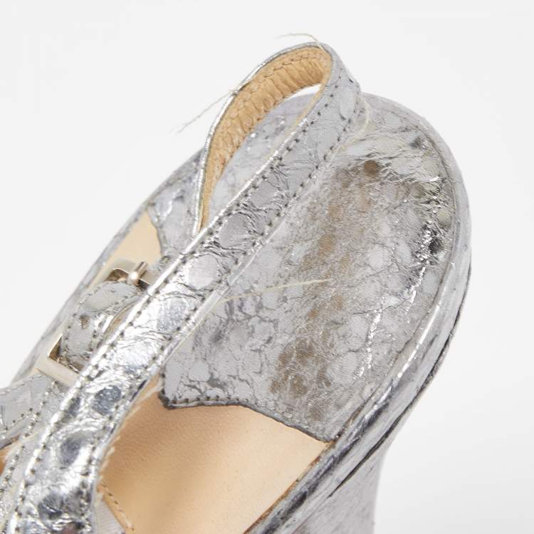 Pre Owned Jimmy Choo Metallic Python Embossed Leather Nova Slingback Pumps Size 38