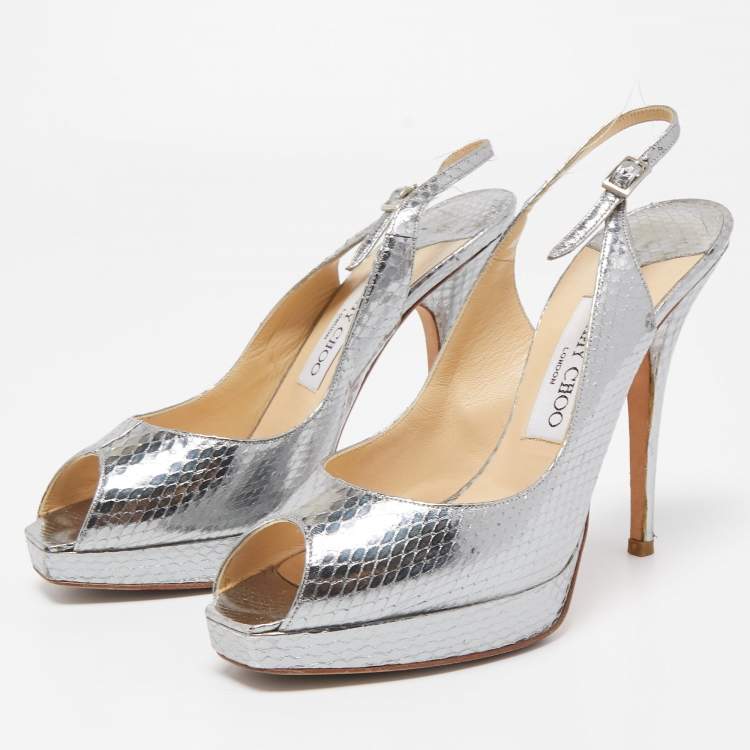 Pre Owned Jimmy Choo Metallic Python Embossed Leather Nova Slingback Pumps Size 38