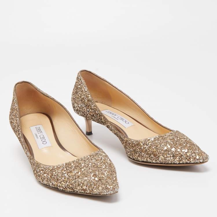 مملوكة مسبقًا Jimmy Choo Gold Coarse Glitter Romy Pumps Size 38