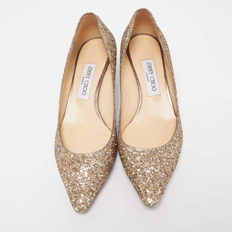 مملوكة مسبقًا Jimmy Choo Gold Coarse Glitter Romy Pumps Size 38