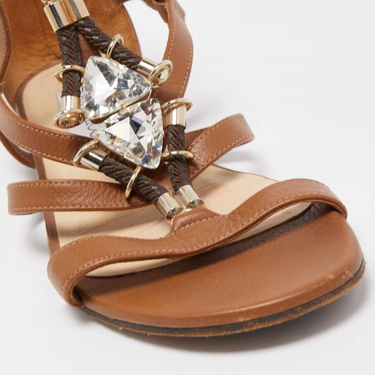 Pre Owned Jimmy Choo Brown Leather Crystal Embellished Caged Flat Sandals Size 37