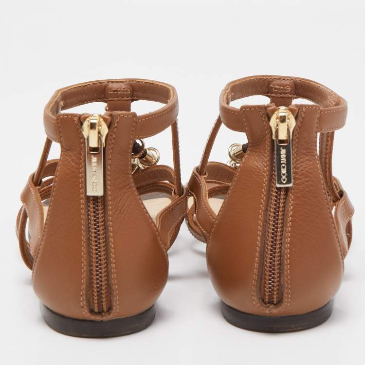 Pre Owned Jimmy Choo Brown Leather Crystal Embellished Caged Flat Sandals Size 37