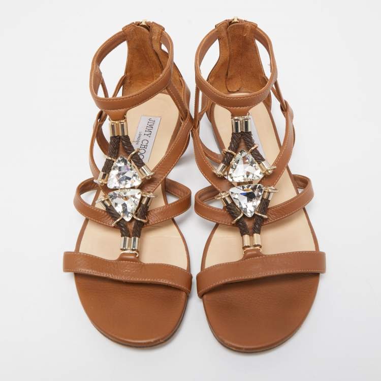 Pre Owned Jimmy Choo Brown Leather Crystal Embellished Caged Flat Sandals Size 37