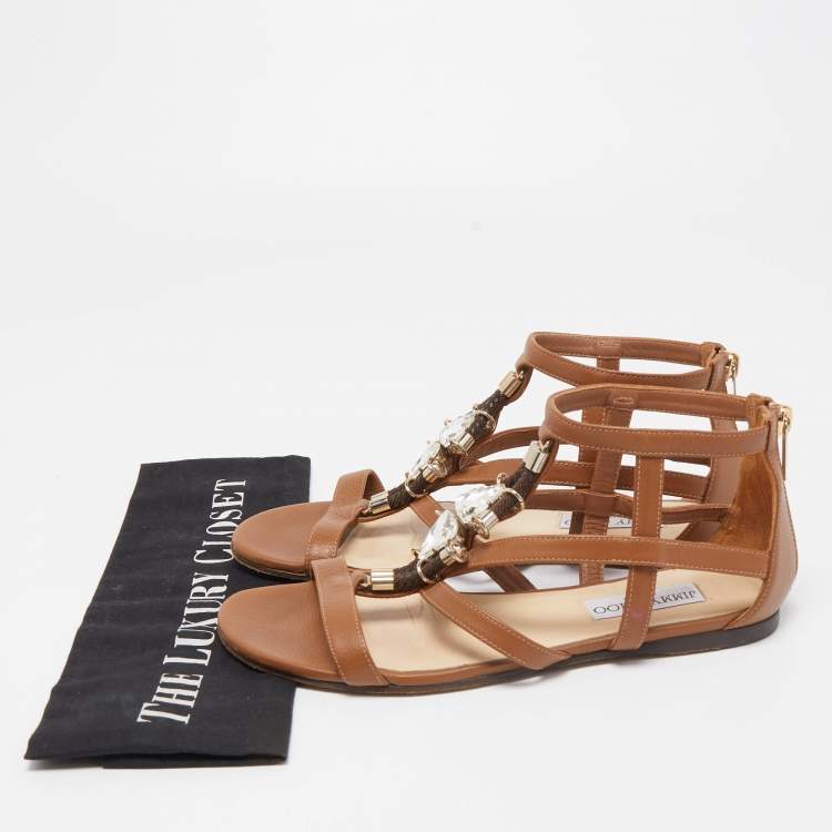 Pre Owned Jimmy Choo Brown Leather Crystal Embellished Caged Flat Sandals Size 37