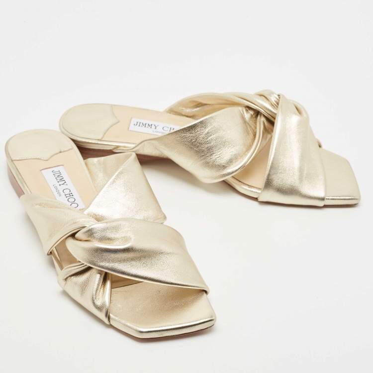 Pre Owned Jimmy Choo Gold Leather Slide Flats Size 39