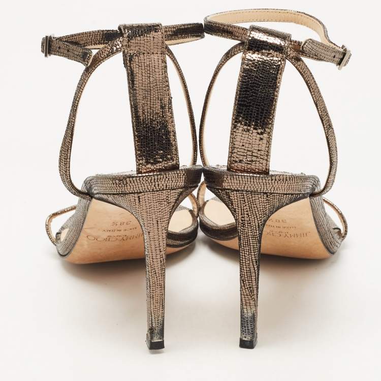 Pre Owned Jimmy Choo Metallic Laminated Suede Minny Sandals Size 38.5