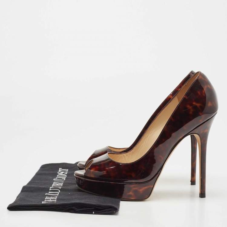 Pre Owned Jimmy Choo Brown Patent Leather Peep Toe Pumps Size 37.5