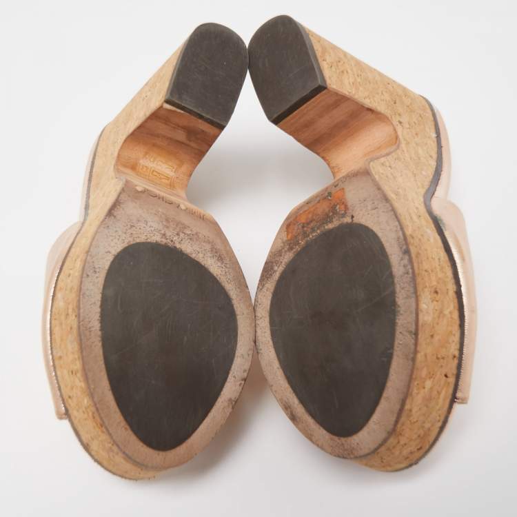 Pre Owned Jimmy Choo Gold Leather Cork Slide  Platform Sandals Size 37