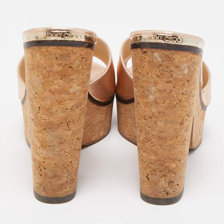 Pre Owned Jimmy Choo Gold Leather Cork Slide  Platform Sandals Size 37