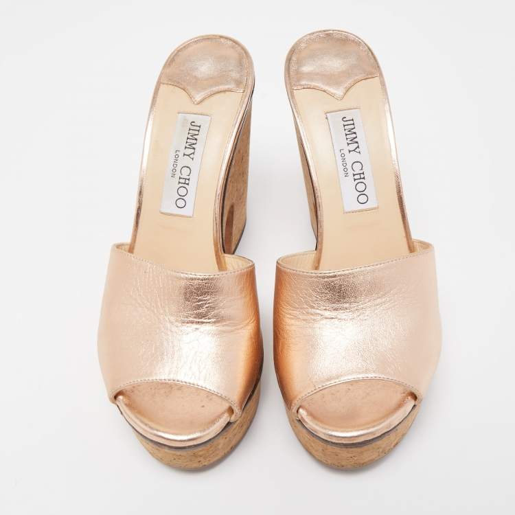 Pre Owned Jimmy Choo Gold Leather Cork Slide  Platform Sandals Size 37