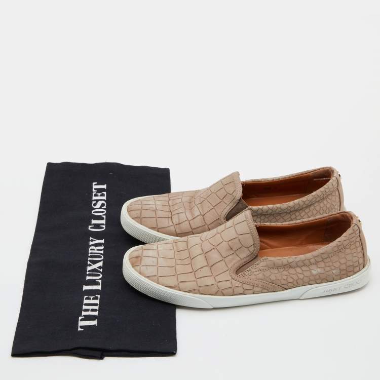 Pre Owned Jimmy Choo Taupe Croc Embossed Leather Slip on Sneakers Size 36.5
