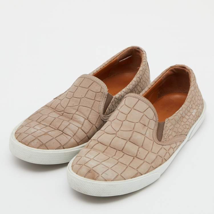 Pre Owned Jimmy Choo Taupe Croc Embossed Leather Slip on Sneakers Size 36.5