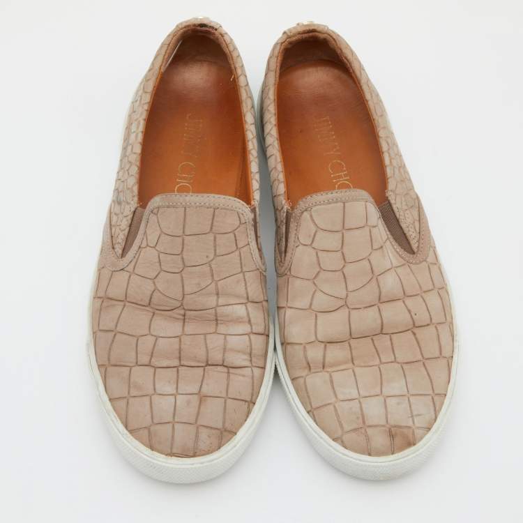 Pre Owned Jimmy Choo Taupe Croc Embossed Leather Slip on Sneakers Size 36.5