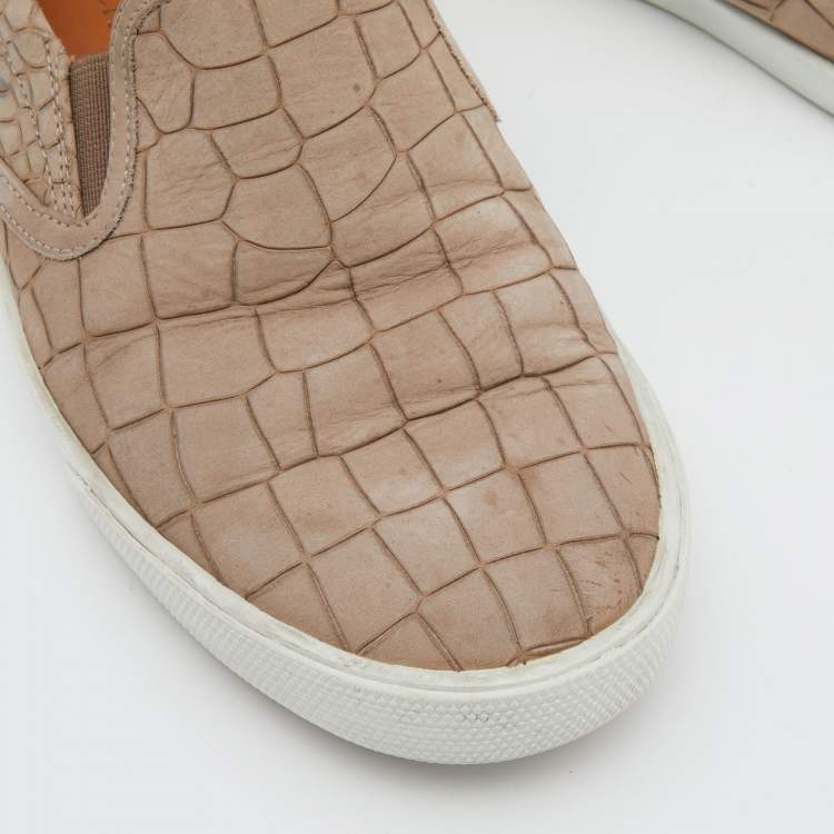 Pre Owned Jimmy Choo Taupe Croc Embossed Leather Slip on Sneakers Size 36.5