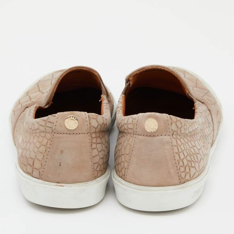 Pre Owned Jimmy Choo Taupe Croc Embossed Leather Slip on Sneakers Size 36.5