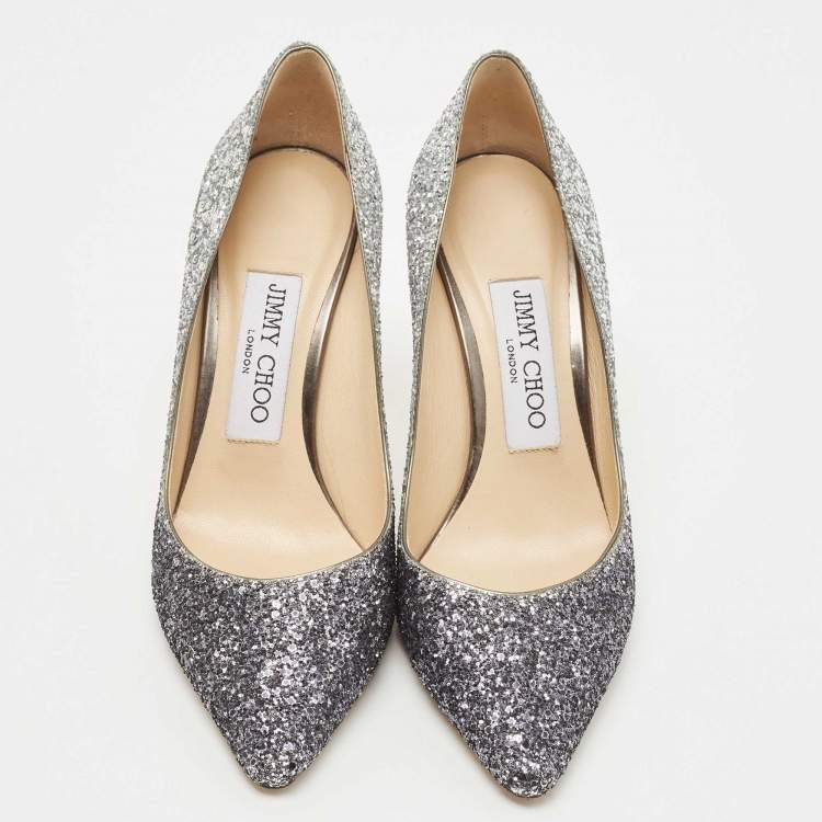 مملوكة مسبقًا Jimmy Choo Silver Coarse Glitter Romy Pumps Size 35