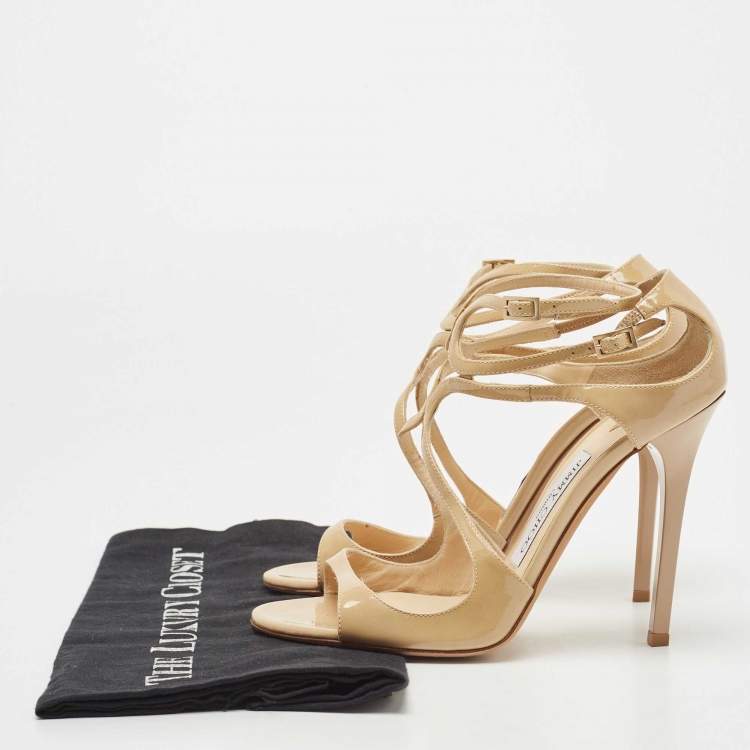 Pre Owned Jimmy Choo Beige Patent Leather Lance Sandals Size 37