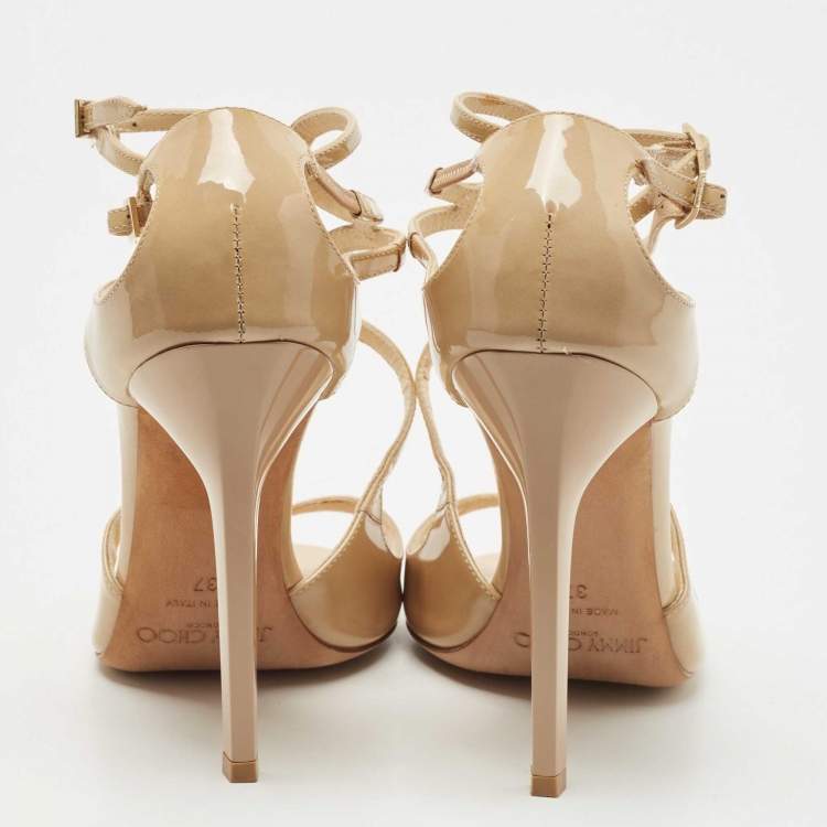 Pre Owned Jimmy Choo Beige Patent Leather Lance Sandals Size 37