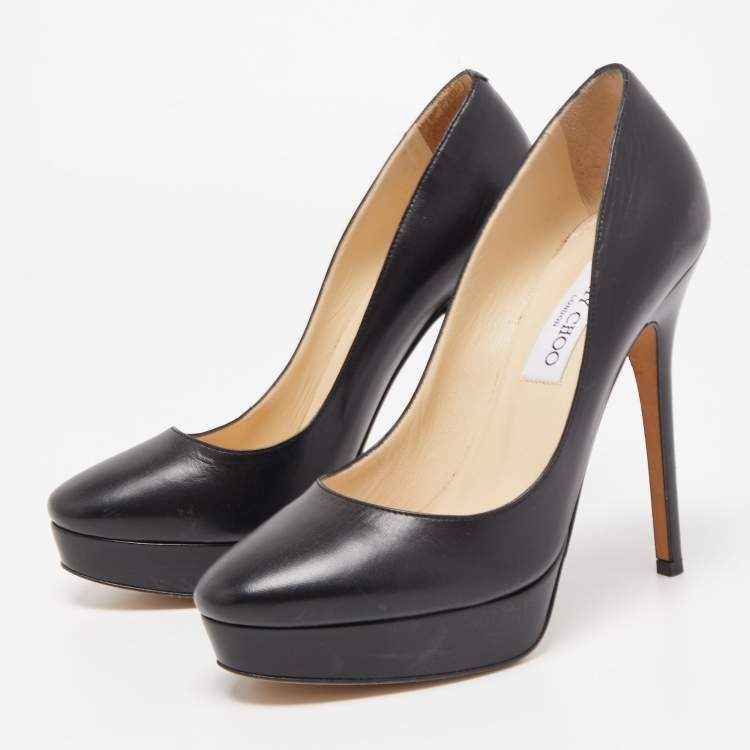 Pre Owned Jimmy Choo Black Leather Cosmic Platform Pumps Size 38