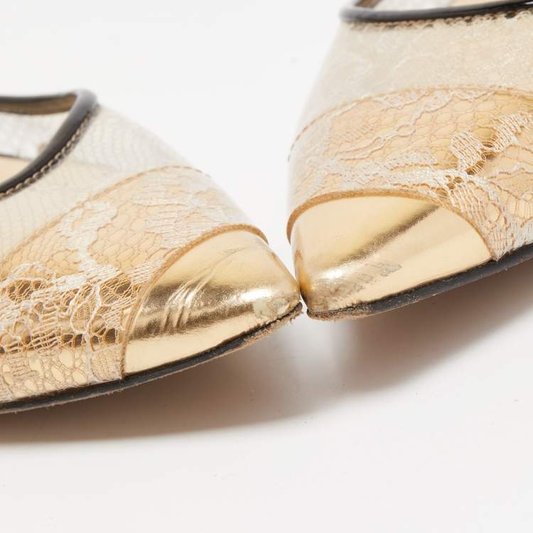 Pre Owned Jimmy Choo Gold/Black Leather, Lace and PVC Romy Ballet Flats Size 38.5