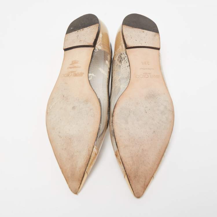 Pre Owned Jimmy Choo Gold/Black Leather, Lace and PVC Romy Ballet Flats Size 38.5