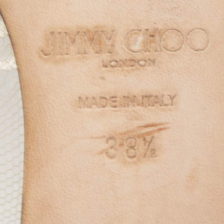 Pre Owned Jimmy Choo Gold/Black Leather, Lace and PVC Romy Ballet Flats Size 38.5