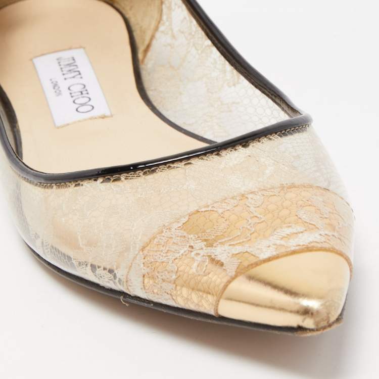 Pre Owned Jimmy Choo Gold/Black Leather, Lace and PVC Romy Ballet Flats Size 38.5